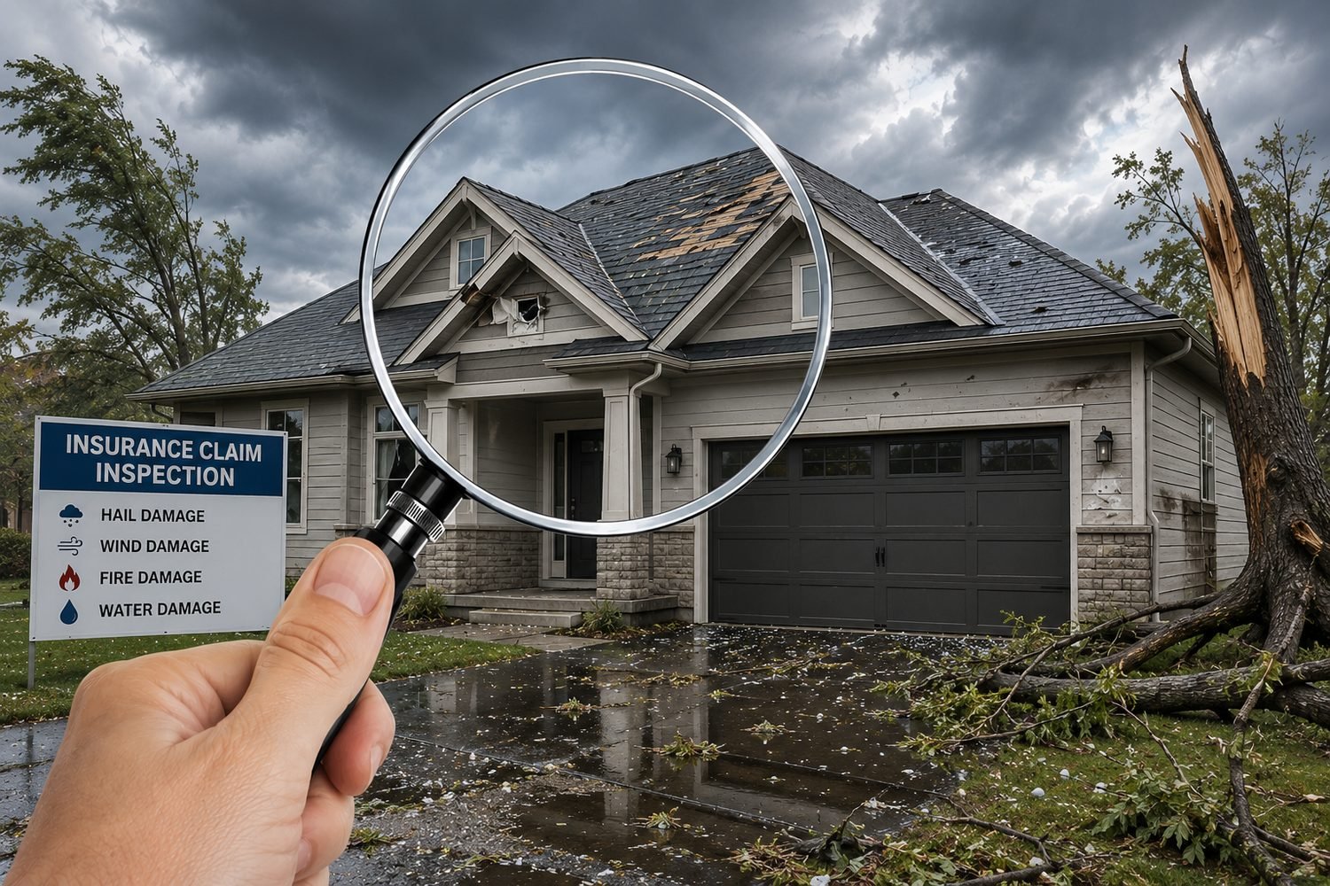 Storm-damaged home during an insurance claim inspection